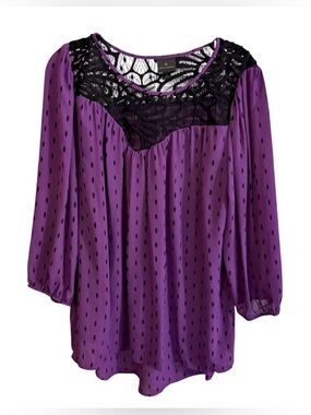 Worthington Women’s Semi Sheer Black Lace Embroidered Hi- Low Purple Blouse